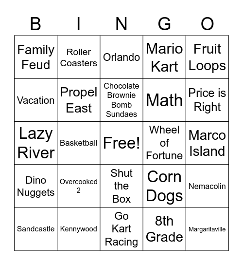 Reid's Birthday Bingo Card