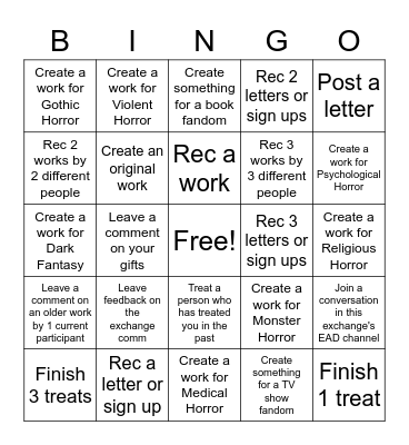 Multifandom Horror Exchange Bingo Card