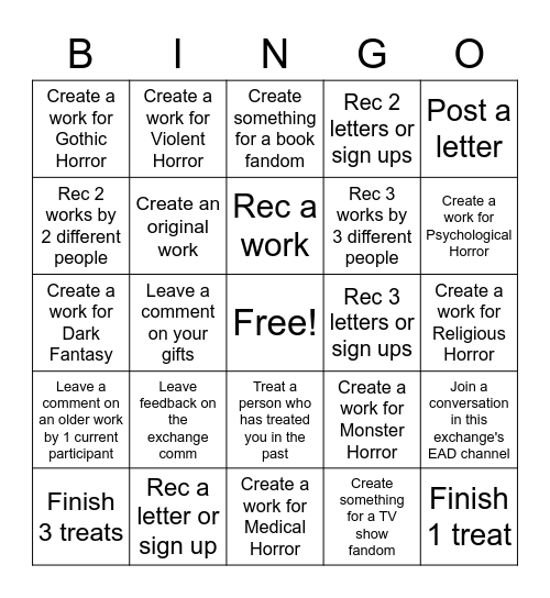 Multifandom Horror Exchange Bingo Card