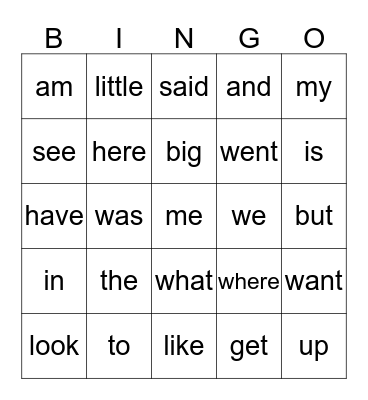 Sight Words K/1st Bingo Card