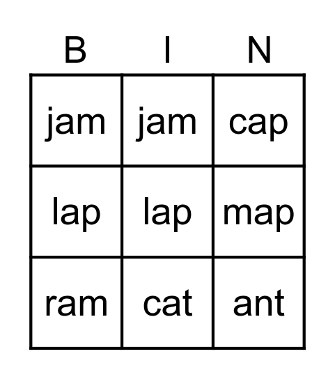 Short vowel a Bingo Card