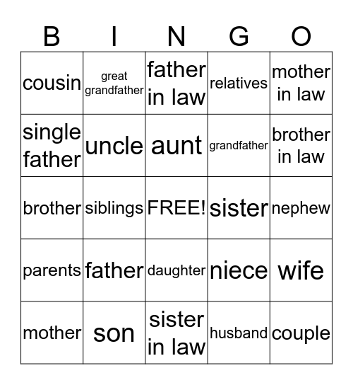 Home and Family Bingo Card