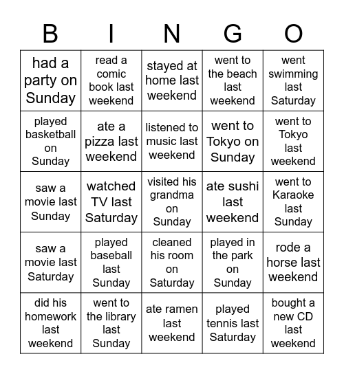 Find what your Asano Classmates did last weekend Bingo Card
