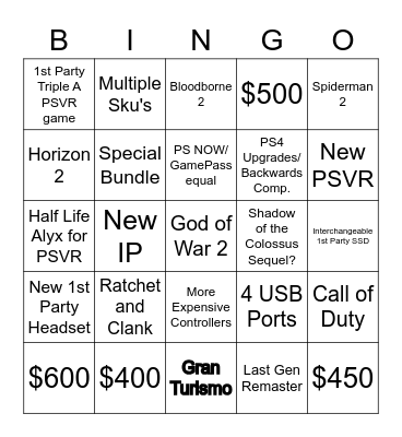 Playstation 5 Bingo Card