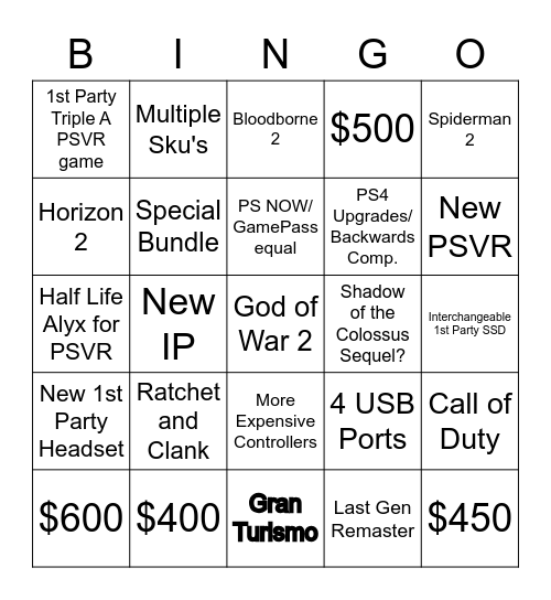 Playstation 5 Bingo Card