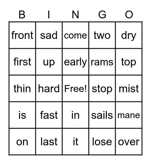 first grade bingo Card