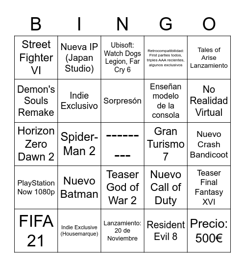 PS5 Bingo Card