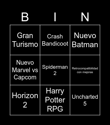 PS5 Bingo Card