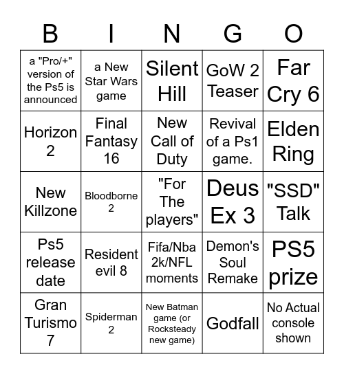 Ps5 Event Bingo Card