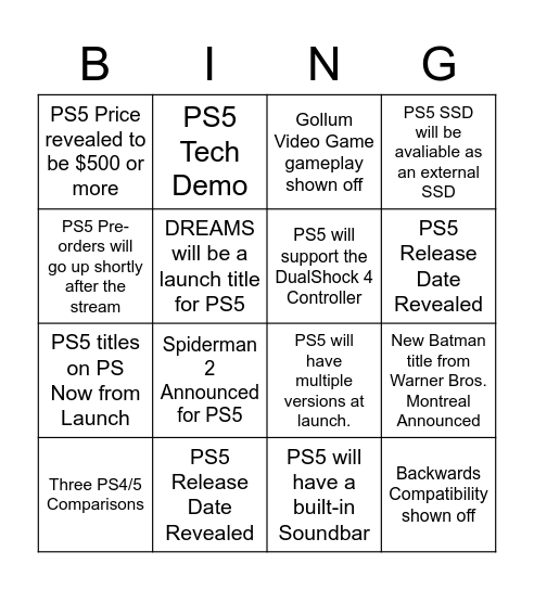 PS5 Bingo Card
