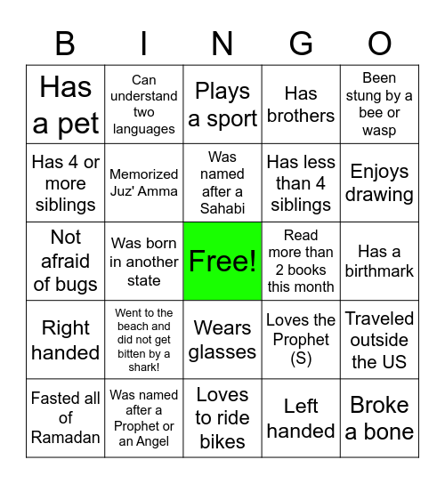 Human Scavenger Hunt Bingo Card