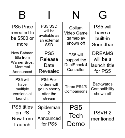 PS5 Bingo Card