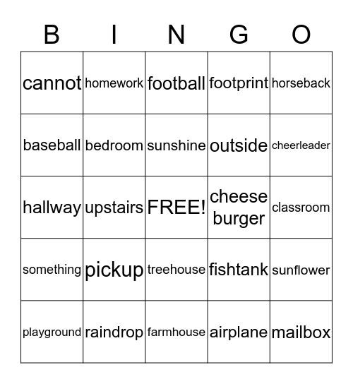 Compound Word Bingo Card
