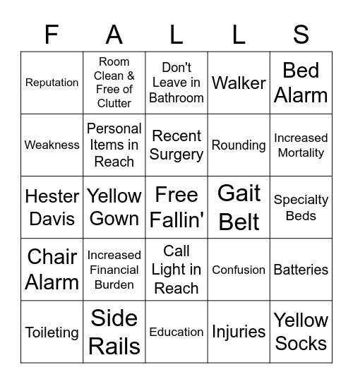 Fall Prevention Bingo Card