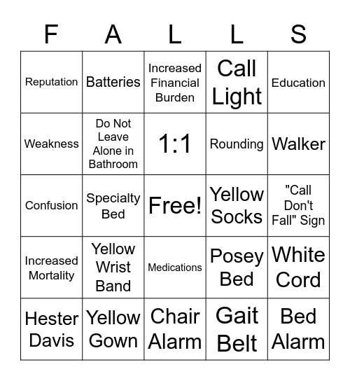 Fall Prevention Bingo Card