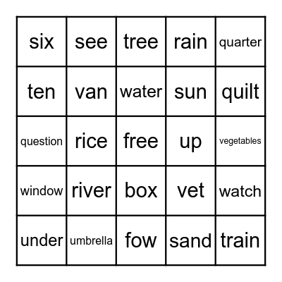 alphabet review 3 - Q to X Bingo Card