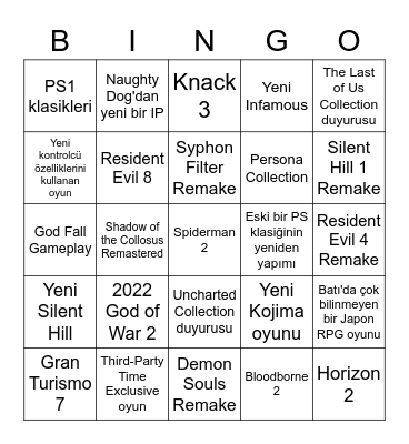 PS5 Etkinliği Bingo Card