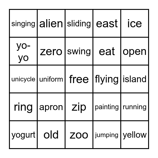alphabet review 4 - Y, Z, NG, 5Vowel Men Bingo Card