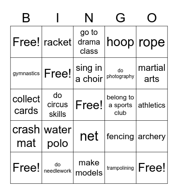 Sports and Hobbies Vocab Bingo Card