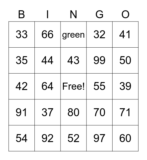 Colors & Numbers 30-100 Bingo Card