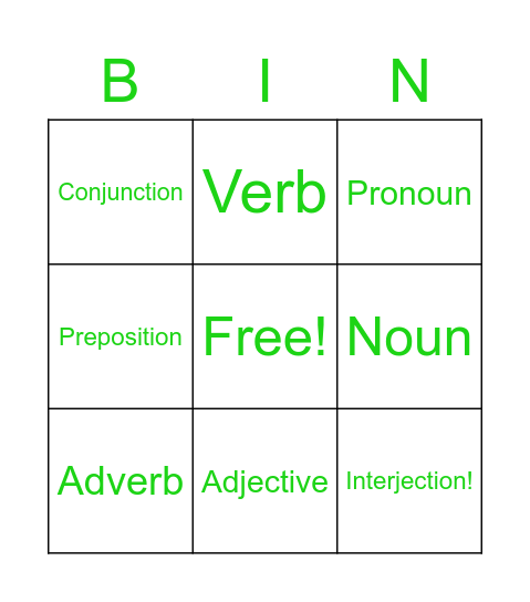 Parts of Speech Bingo Card