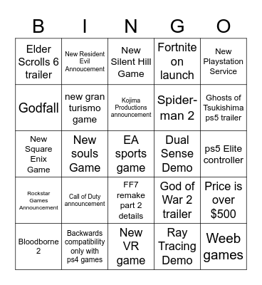 PS5 Bingo Card