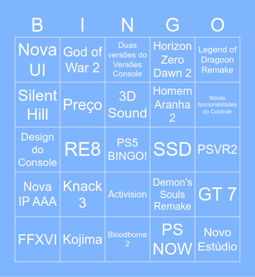 Apresentação da Sony PS5 2020 Bingo Card