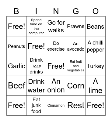 Food, Keeping Fit and Healthy Vocab Bingo Card