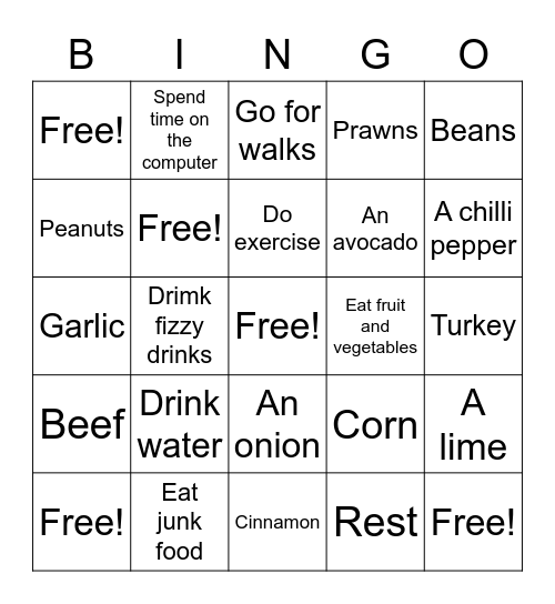 Food, Keeping Fit and Healthy Vocab Bingo Card