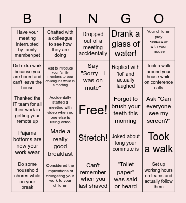 Remote Work Bingo Card