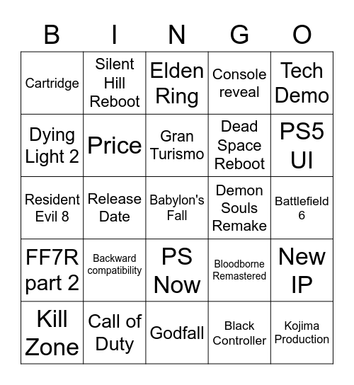 PS5 Event Bingo Card