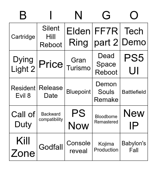 PS5 Event Bingo Card