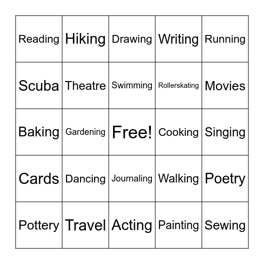 Leisure Bingo Card