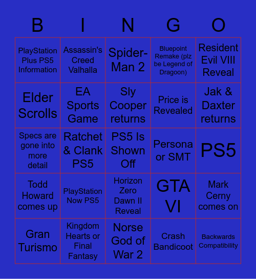PS5 REVEAL Bingo Card