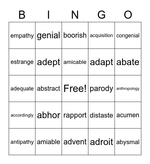 Natalie's SAT words, 6/11 Bingo Card