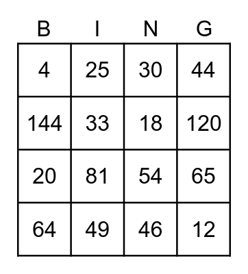 Multiplication Bingo Card