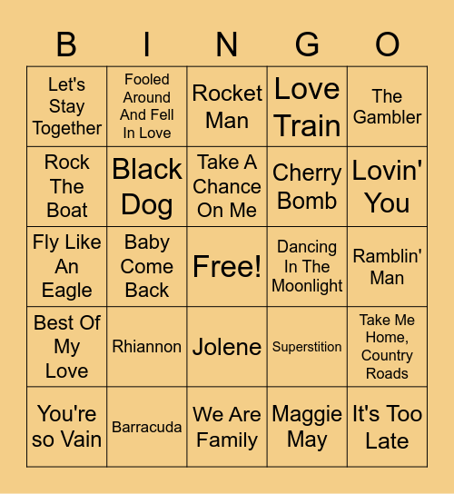 70's Musical Bingo Card