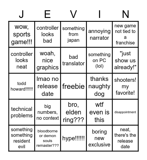 PS5 Reveal (for sexy people only) Bingo Card