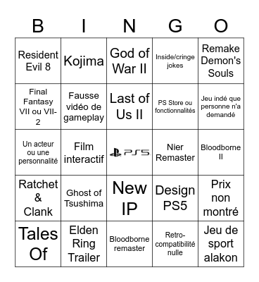 Sony Bingo Card
