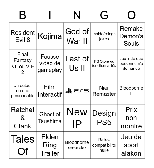 Sony Bingo Card