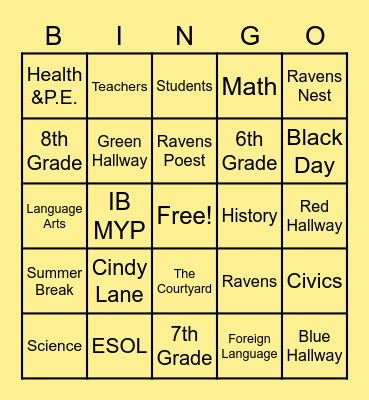 Poe Middle School Bingo Card