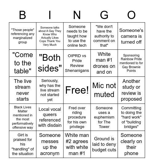 HPS Board Meeting Bingo Card