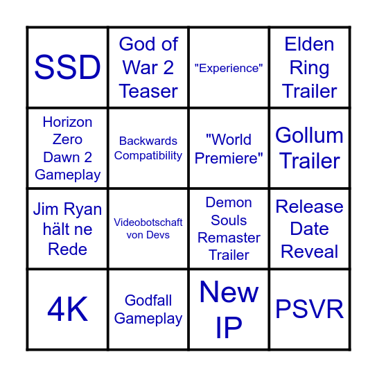 PS5 Bullshit Bingo Card