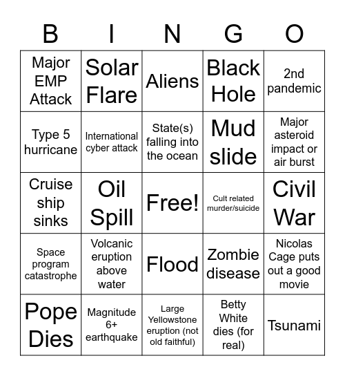 Apocalypse Bingo Card