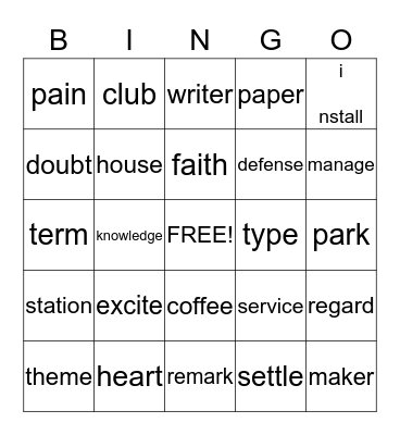 Vocabulary Bingo Card