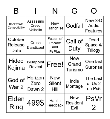 PS5 Announcement Bingo Card
