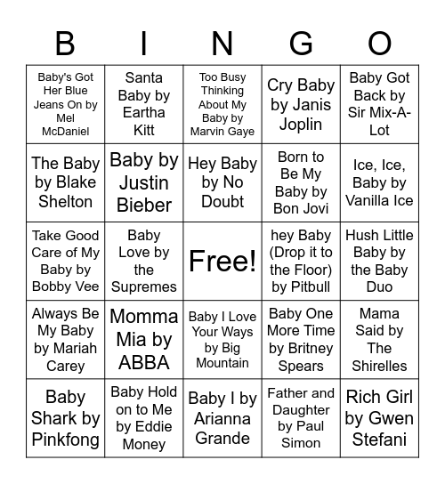 Emily's Baby Music Bingo Card