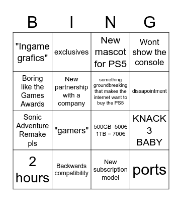 PS5 presentation prediction Bingo Card