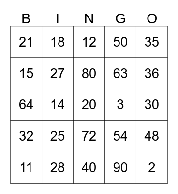 X  Multiplication BINGO  X Bingo Card