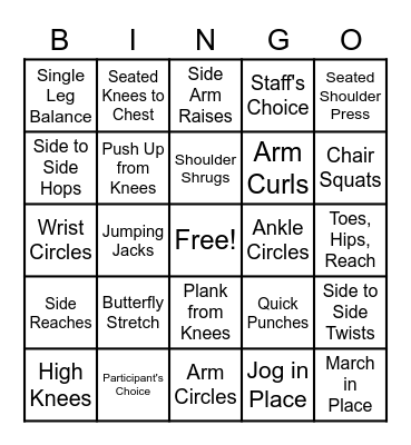 Fitness Bingo Card